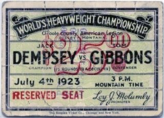 1923 Jack Dempsey vs Tom Gibbons Boxing Ticket