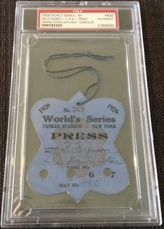 1926 World Series Press Pass Yankees vs Cardinals