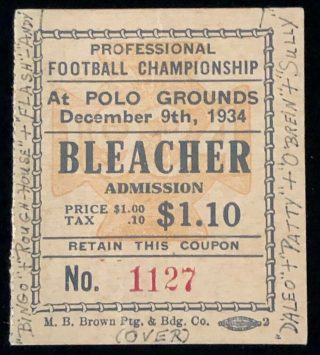 1934 NFL Championship Game ticket stub Bears Giants