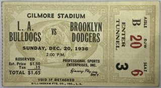 1936 Los Angeles Bulldogs vs Brooklyn Dodgers Football Ticket Stub