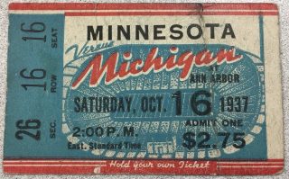 1937 NCAAF Michigan ticket stub vs Minnesota