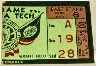 1941 NCAAF Georgia Tech ticket stub vs Notre Dame