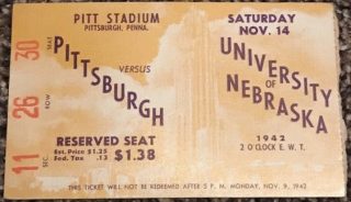 1942 NCAAF Pitt Panthers ticket stub vs Nebraska