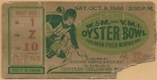 1948 Oyster Bowl ticket stub William and Mary vs VMI