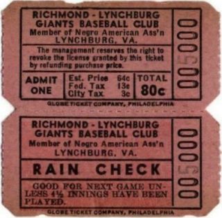 1949 Negro League ticket stub Richmond Lynchburg Giants