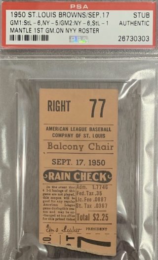 1950 Mickey Mantle's roster debut ticket stub