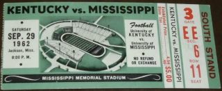 1962 NCAAF Ole Miss ticket stub vs Kentucky