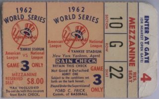 1962 World Series Game 3 ticket stub Yankees vs Giants
