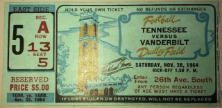 1964 NCAAF Vanderbilt Commodores ticket stub vs Tennessee