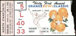 1965 Orange Bowl ticket stub Texas vs Alabama Joe Namath