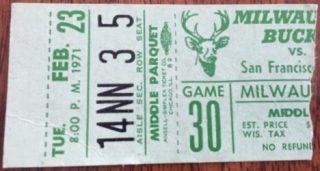 1971 Milwaukee Bucks ticket stub vs Warriors