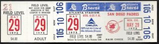1972 Atlanta Braves ticket vs San Diego Padres