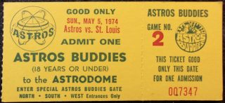 1974 Astros Buddies Astros ticket stub vs Cardinals Game Ticket 