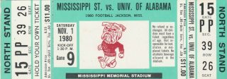1980 NCAAF Mississippi State ticket stub vs Alabama