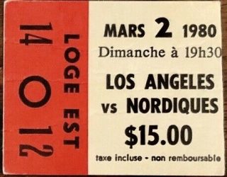1980 Quebec Nordiques ticket stub vs Los Angeles