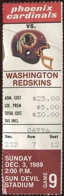 1989 Arizona Cardinals ticket stub vs Washington