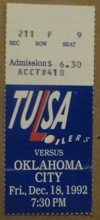 1992 CHL Tulsa Oilers ticket stub vs Oklahoma City