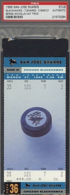1995 Sharks Ticket Stub vs Blackhawks  Bernie Nicholls Hat Trick