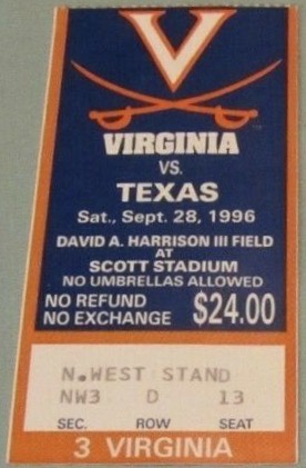 1996 NCAAF Virginia Cavaliers Ticket Stub vs Texas