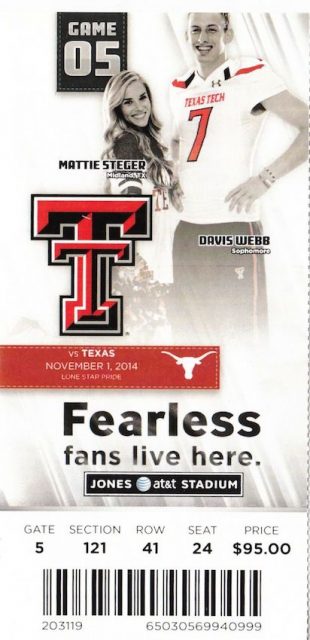 2014 NCAAF Texas Tech ticket stub vs Texas