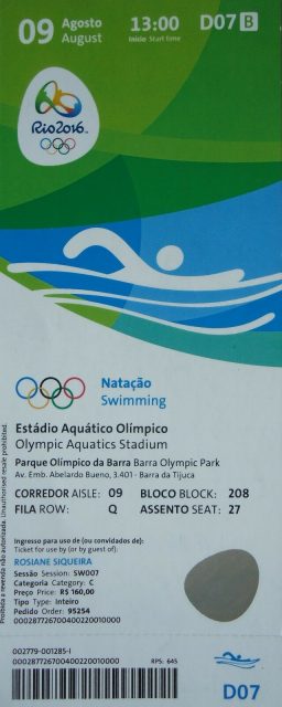 2016 Rio Olympic Games Swimming ticket stub