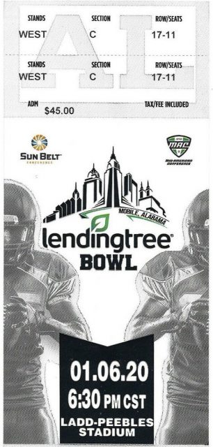 2020 Lendingtree Bowl ticket stub LA Lafayette vs Miami Ohio