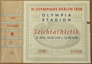 1936 Berlin Germany Olympic Ticket Jesse Owens