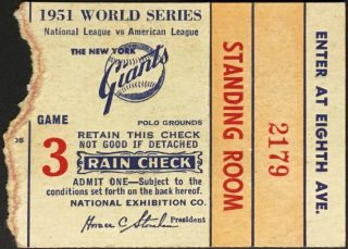 1951 World Series Game 3 Ticket Giants vs Yankees
