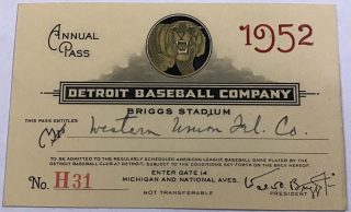 1952 Detroit Tigers Annual Pass Briggs Stadium