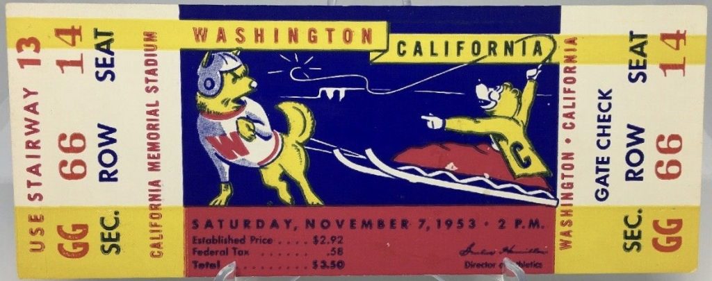 1953 NCAAF California Bears ticket stub vs Washington