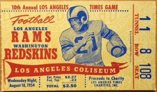 1954 LA Times Charity Game Ticket Stub Rams Redskins