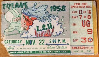 1958 NCAAF Tulane Green Wave ticket stub vs LSU