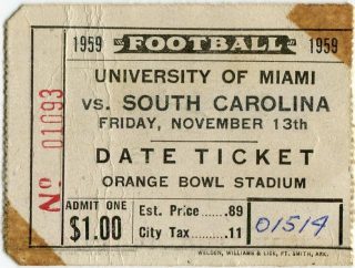 1959 NCAAF Miami Hurricanes Ticket Stub vs South Carolina