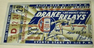 1961 Drake Relays ticket stub Des Moines Iowa