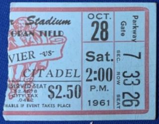 1961 NCAAF Xavier Musketeers ticket stub vs Citadel