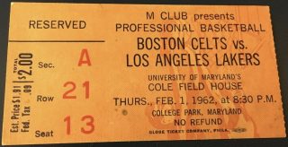1962 Boston Celtics ticket stub vs Los Angeles Lakers
