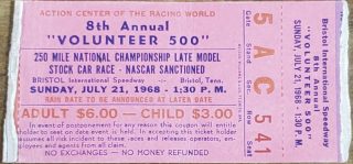 1968 8th Annual Volunteer 500 Ticket Stub
