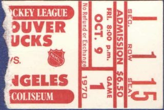 1970 Vancouver Canucks ticket stub vs Kings