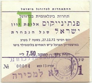 1972 Soccer Israel National Team ticket stub vs Panathinaikos