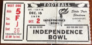 1978 Independence Bowl Ticket Stub East Carolina Louisiana Tech