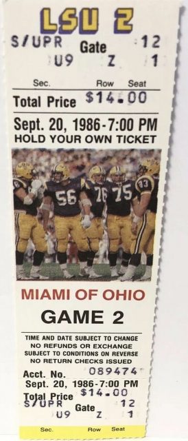 1986 NCAAF LSU Tigers unused ticket vs Miami Ohio