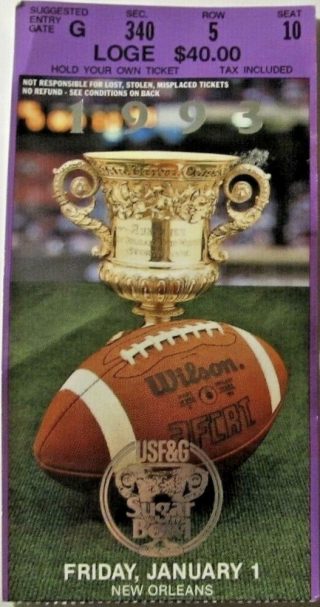 1993 Sugar Bowl ticket stub Alabama vs Miami