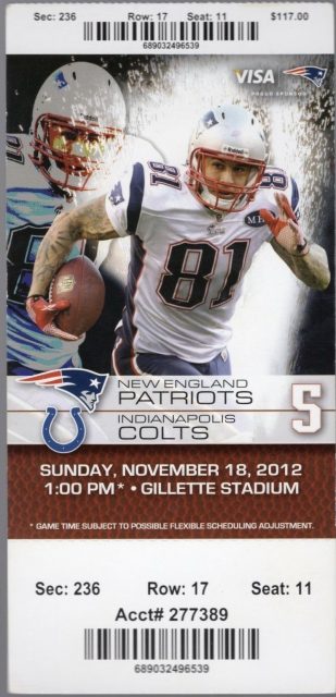 2012 New England Patriots unused ticket vs Colts