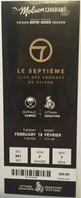 2020 Ottawa Senators Ticket Stub vs Sabres