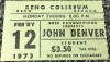 1973 John Denver ticket stub Reno Coliseum