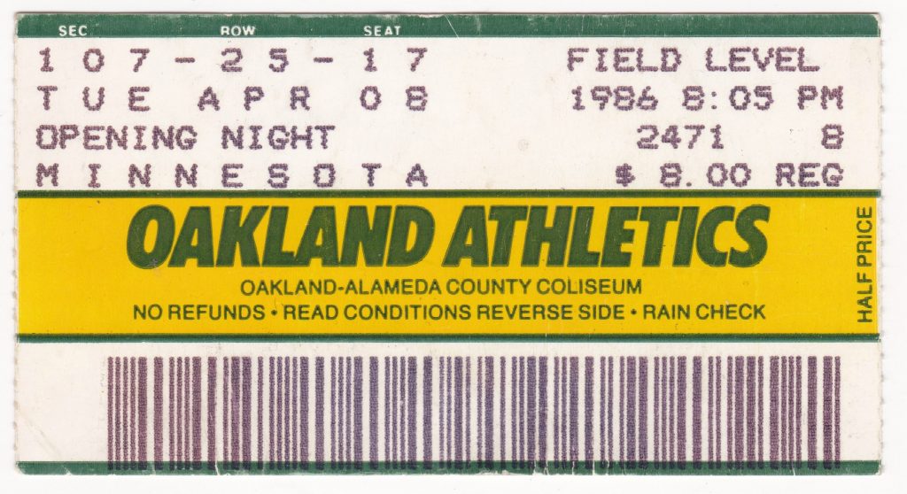 1986 Oakland Athletics Opening Day Ticket Stub vs Twins Apr 8